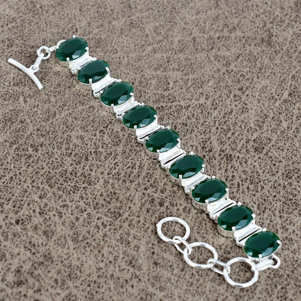 Green Onyx Gemstone Handmade 925 Sterling Silver Bracelet 7-8" KKG-134