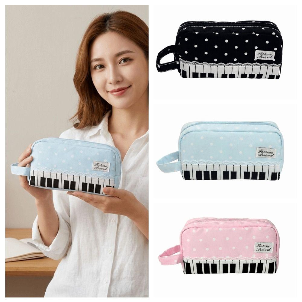 With Handle Polka Dot Pencil Pouch Large Capacity Pen Bag Kawaii Piano Pencil Case School Bag