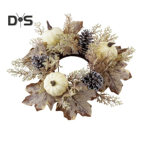 Thanksgiving Artificial Wreath Candle Ring Maple Leaf Pumpkin Pinecone Candle Holder Garland Harvest Festival Table Centerpiece Decoration