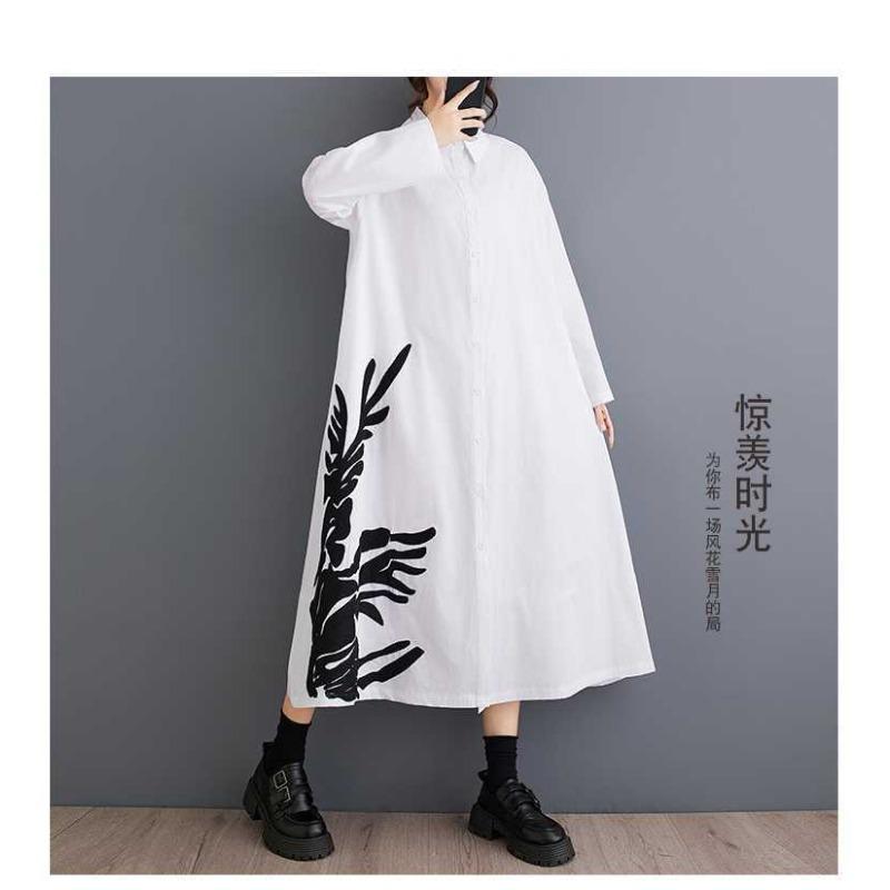 Loose Large Size Splicing Casual Simple Printed Sweet Long Sleeve Shirt Dresses