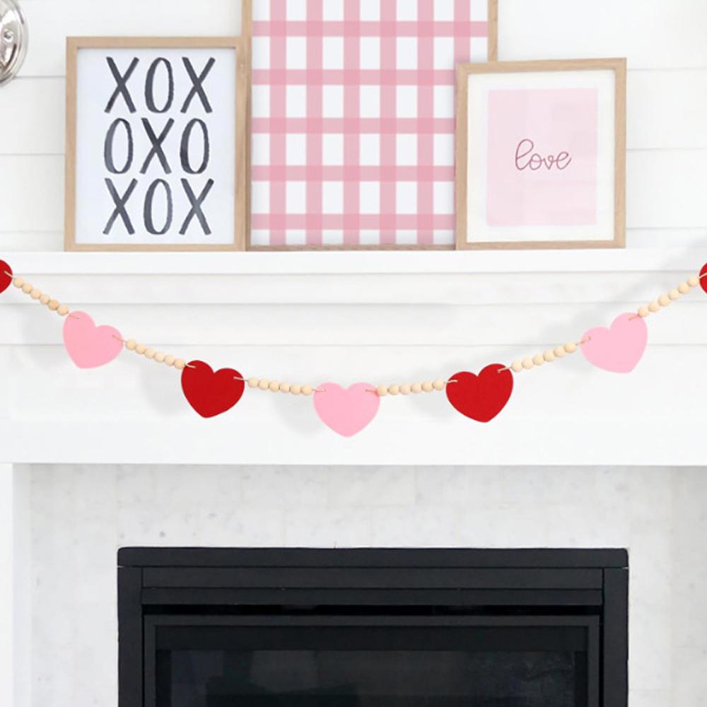 Valentines Day Decor Red Pink Felt Heart Wooden Bead Garland Decorative Romantic Hangings Ornaments