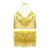 2Pcs Womens Shiny Sequin Tassels Belly Dance Costume Halter Bra Top with Hip Scarf Wrap Skirts Set Ballroom Dancewear