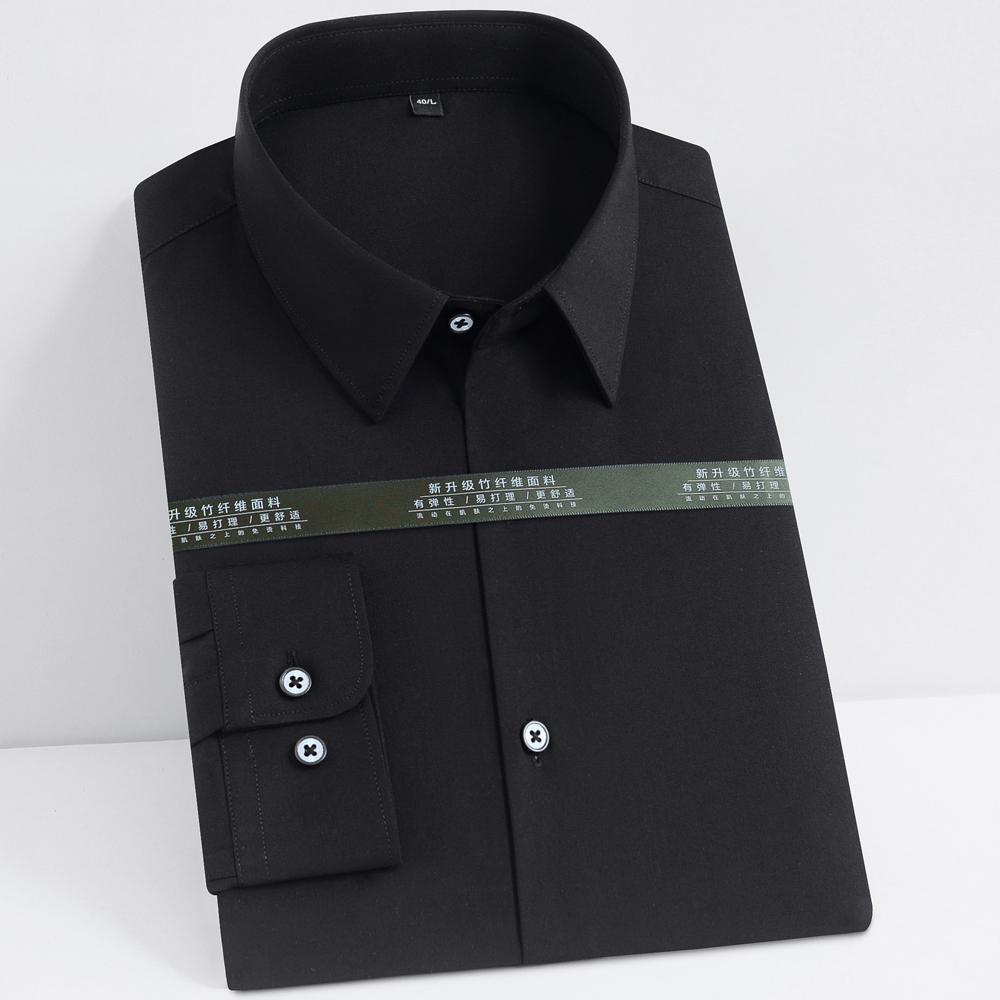 Мужская эластичная рубашка из бамбукового волокна классического кроя с длинным рукавом однотонная на пуговицах - Формальная одежда для зрелых мужчин - Идеально подходит для всех сезонов