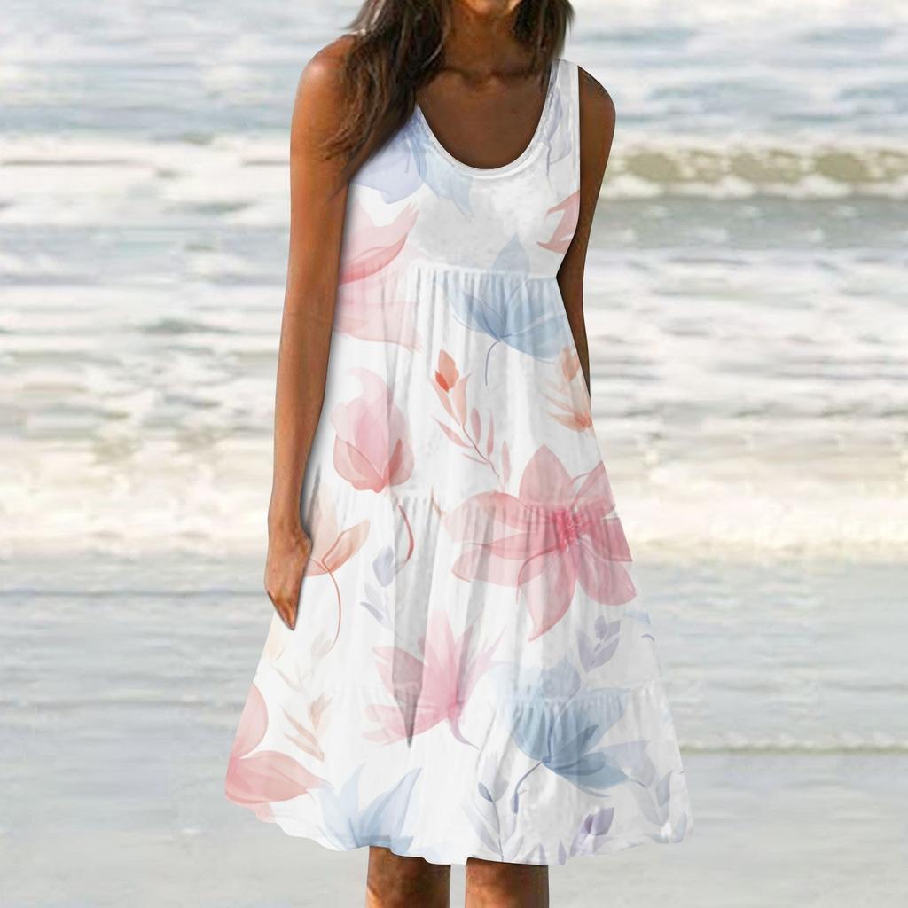 Женские платья-жилеты Лето-весна Плиссированные богемные платья Симпатичные струящиеся пляжные платья без рукавов Прямая футболка Платья-майки Платья с круглым вырезом