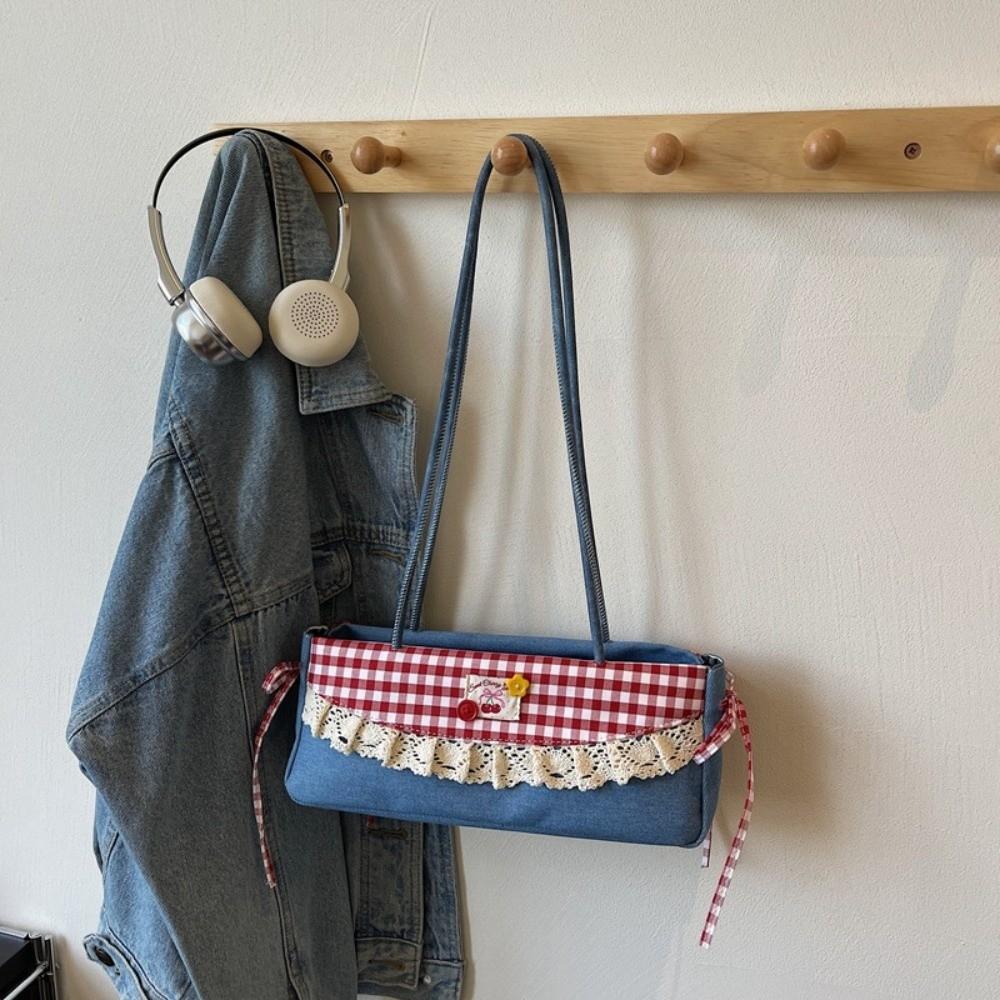 Black French Stick Handbag Denim Blue Cloth Underarm Bags Shopping Plaid Bow Shoulder Bag  Travel