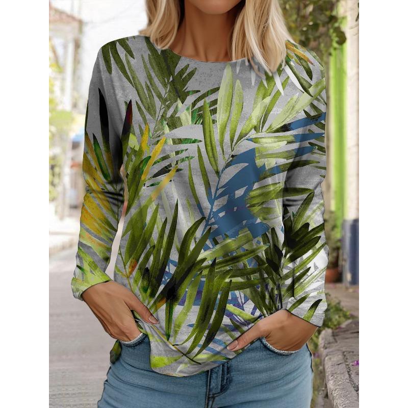 Women's White Long-sleeved Tops Round Neck Casual Tops 3d Printed Flowers Fashion Stickers Printed Women's Long-sleeved T-shirt