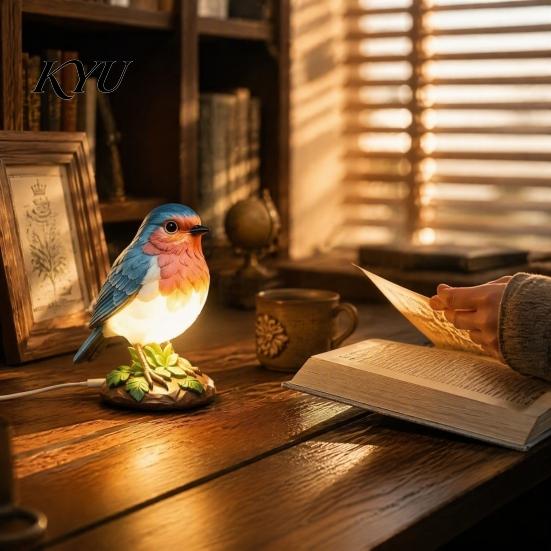 Warm Reading Light Cozy Bird Resin Table Lamp, Rustic Night for Desk Bedroom, Cute Artistic Lamp Animal Sculpture Decor with Glow, Unique Gift Nature