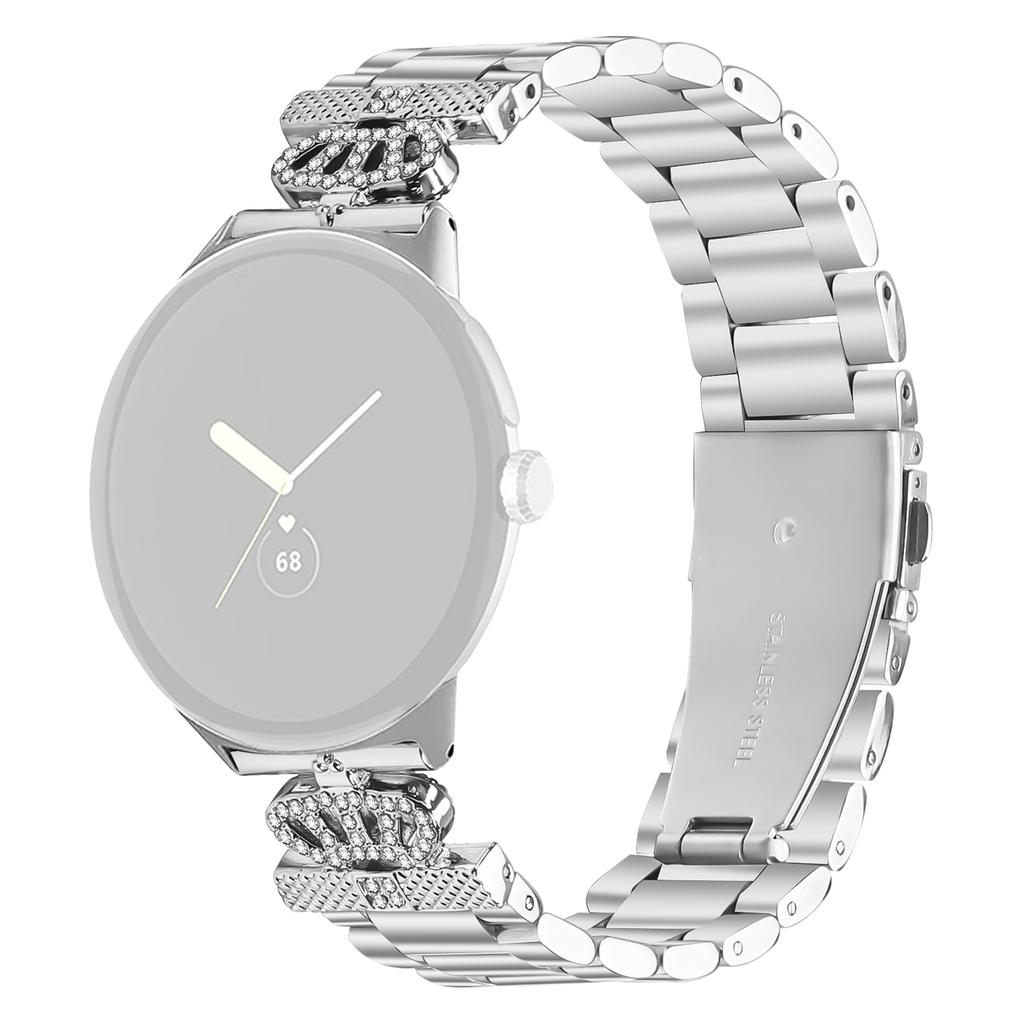 For Google Pixel Watch 2/Watch Stainless Steel Strap Crown Shape Rhinestone Decor Silver Watch Band