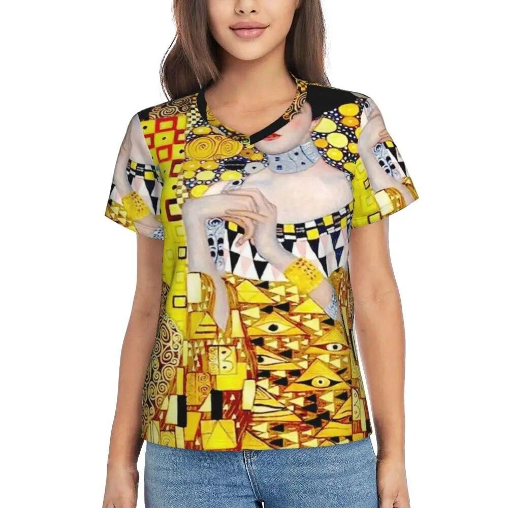 Gustav Klimt T Shirt The Kiss Hip Hop T-Shirts Women V Neck Basic Tops 2024 Beach Short Sleeve Pattern Clothes