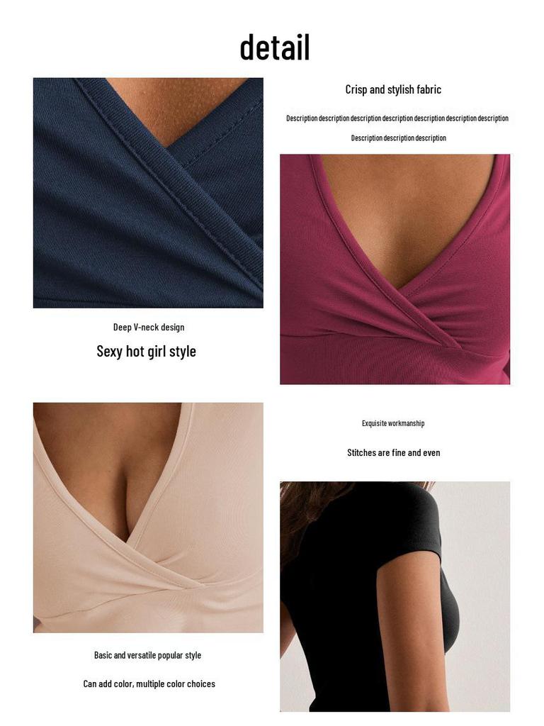 Женская футболка Y2K 2025 года, однотонная, облегающая, с V-образным вырезом, с коротким рукавом