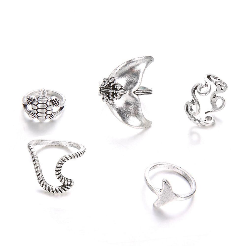 5PCS Geometric Charm Jewelry set Rings Set Whale Tail Waves/Turtle Finger Ring