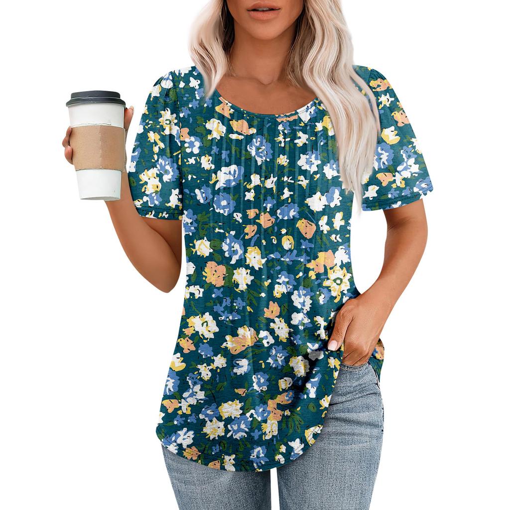Women's Fashion Printed Casual Pleated Round Short Sleeve T-Shirt Top
