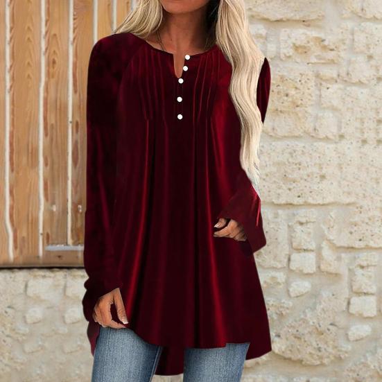 Women Velvet Shirt V-Neck Buttons Half Placket Long Sleeve Asymmetric Hem Pullover Tops Solid Color Mid-length Blouse
