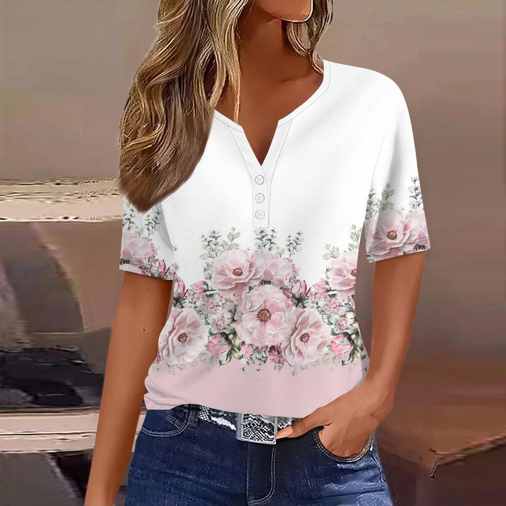 2023 Summer New Fashion Short Sleeve Casual Printed V-neck T-shirt
