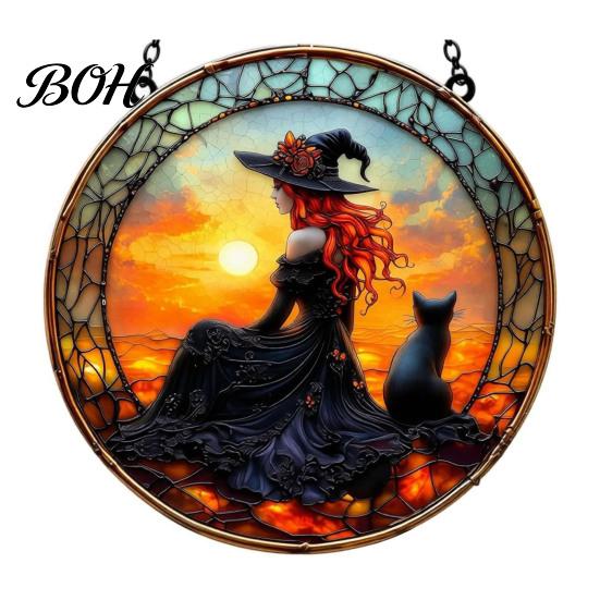 Witchcraft Aesthetic Room Decor Halloween Moon Black Cat Suncatcher Jigsaw Puzzle, 2D Acrylic Mystical Feline Window Hanging Decor, 7.87 Inch