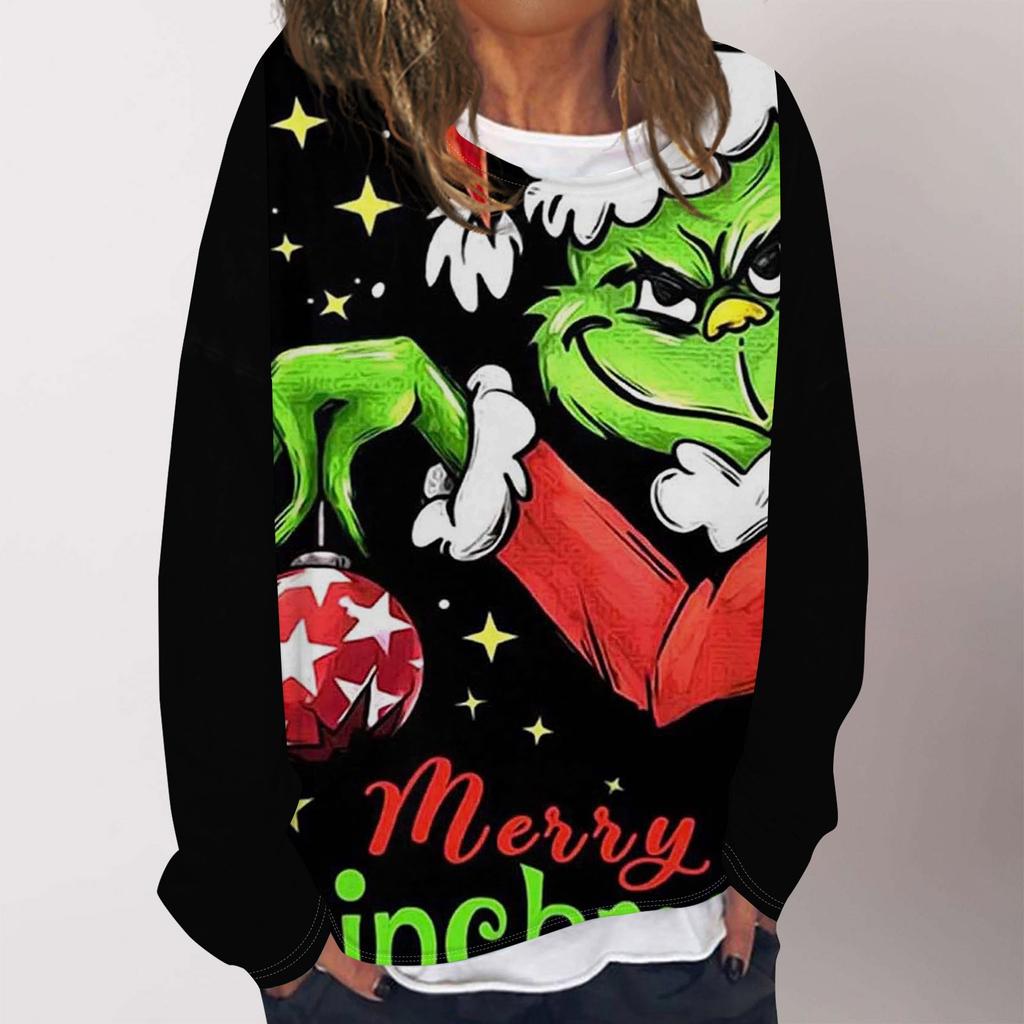 Женская повседневная модная толстовка с длинным рукавом и круглым вырезом с рождественским принтом, многослойный пуловер, топ