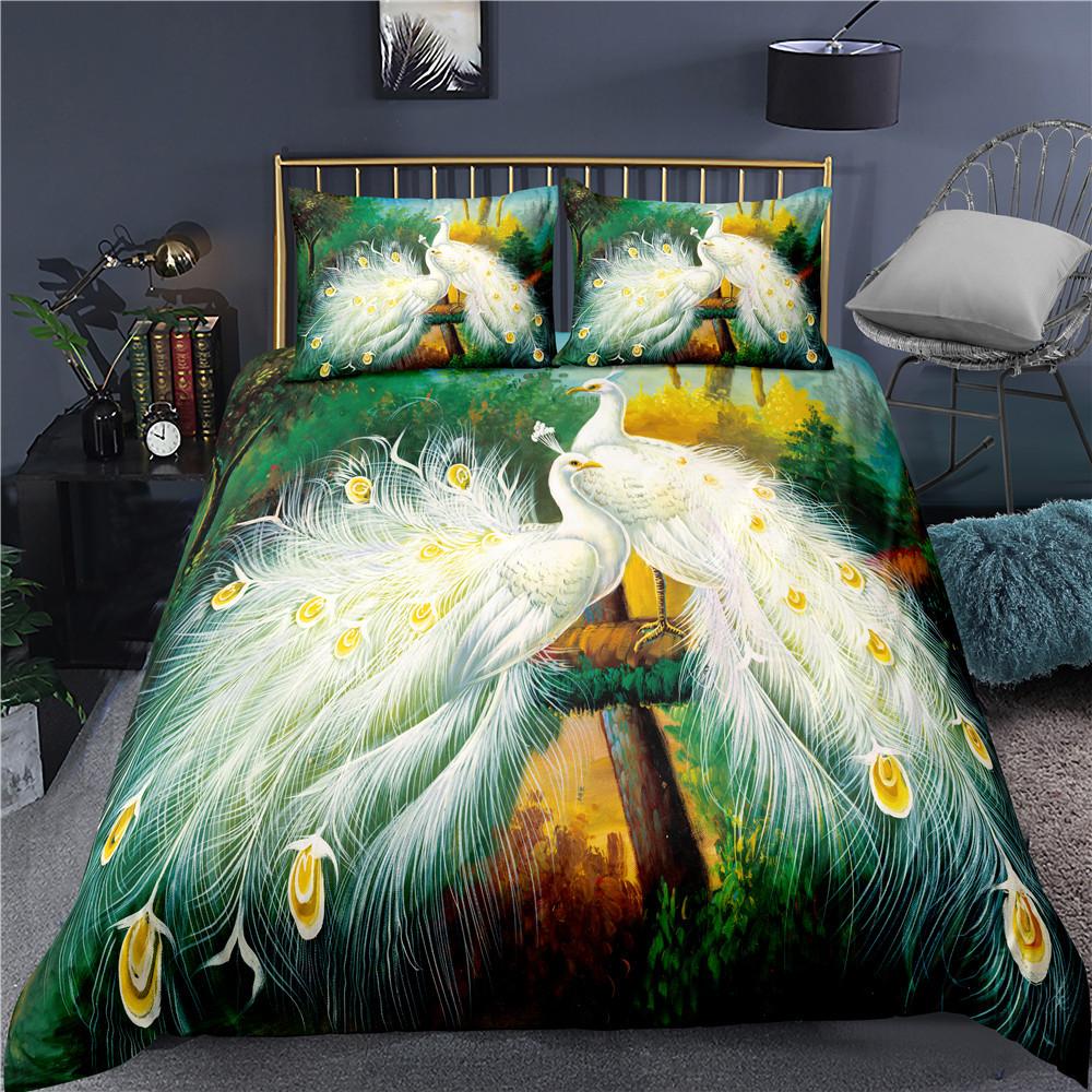 Comforter Peacock Plum Blossom Decor Bedding Set King Size Crane Peacock Feather Floral Pattern Romantic