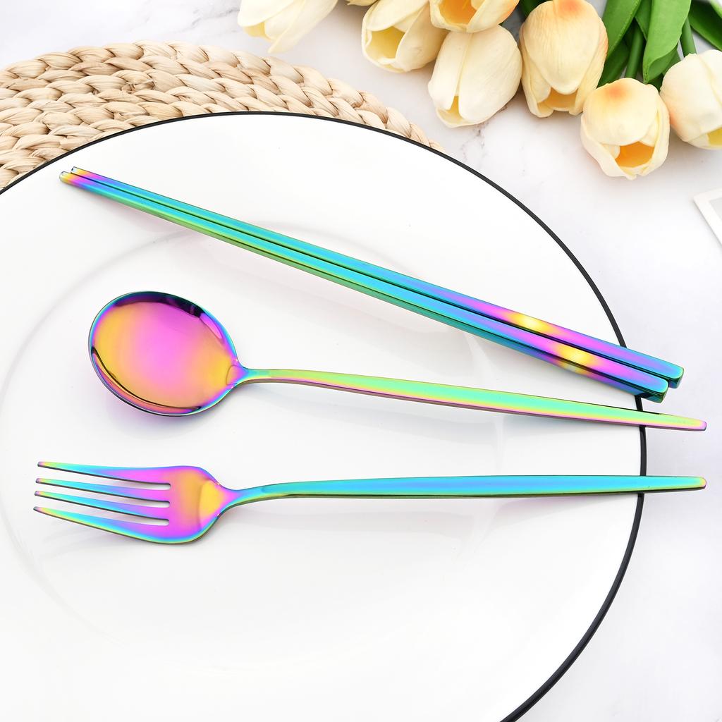 2Pcs Black Stainless Steel Set Cutlery Dinner Fork Chopsticks Portable Dinnerware Set Silverware Western Kitchen Home Tableware