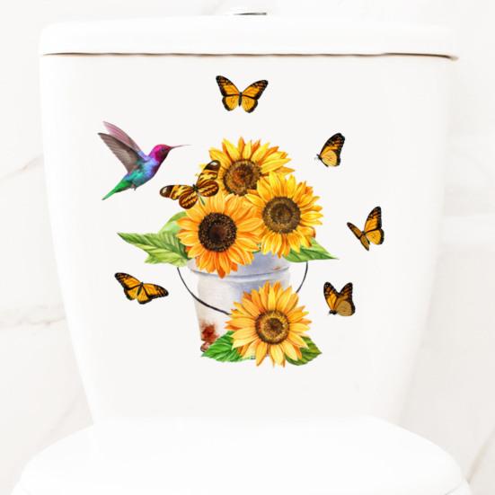 Sunflower Butterfly Toilet Sticker Removable Self-adhesive Waterproof PVC Living Room Bathroom Wall Art Floral
