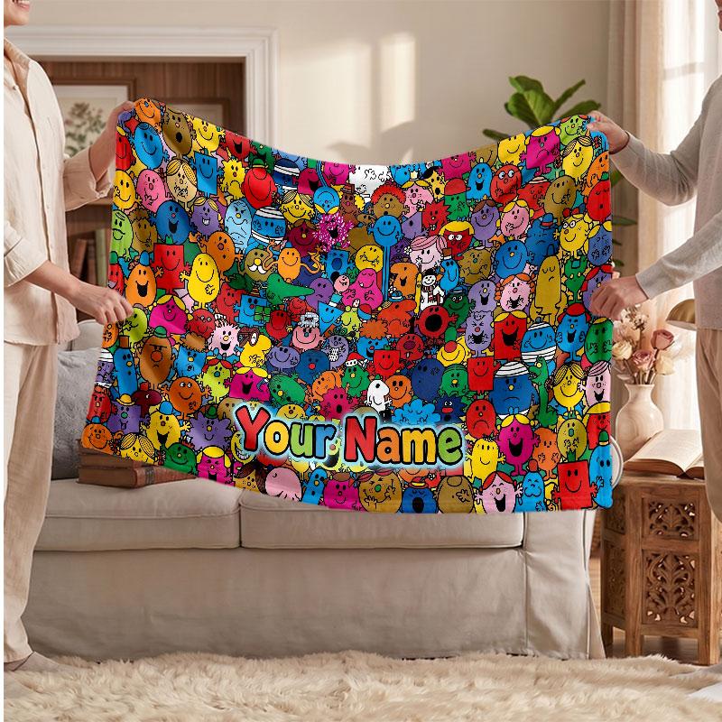 Mr. Men & Little Miss Personalized Flannel Blanket, Custom Printed Text Name, Warm Soft Blanket For Couch Bed