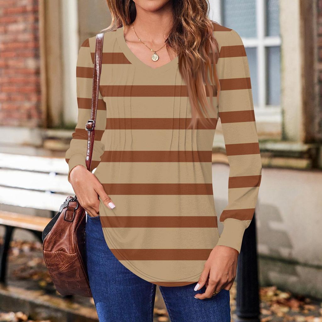 Женские рубашки с длинным рукавом-фонариком, плиссированные туники с V-образным вырезом, осенние топы с длинным рукавом и принтом