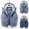 Fall Spring Lady Denim Coat Single-breasted Sleeveless Hooded Pockets Loose Jacket Drawstring Short Type Daily Wear Waistcoat