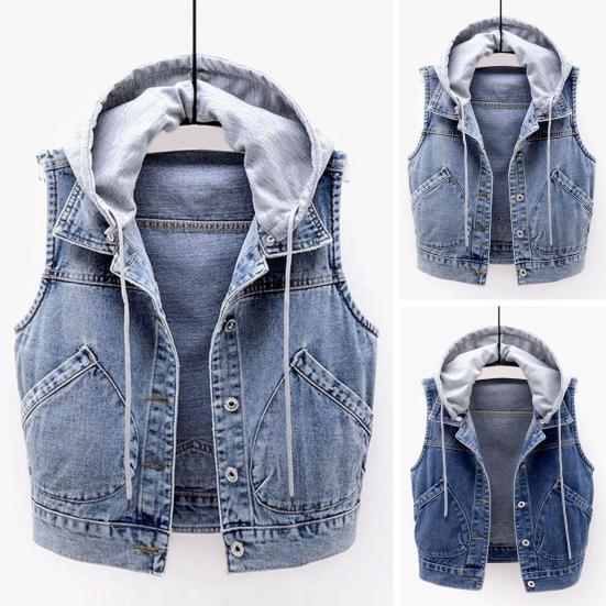 Fall Spring Lady Denim Coat Single-breasted Sleeveless Hooded Pockets Loose Jacket Drawstring Short Type Daily Wear Waistcoat