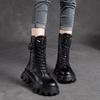 Autumn Winter Fleece-Lined Round Toe Leather Platform Ladies Mid Calf Shoes Chic and Elegant with Laces Women's Half High Boots