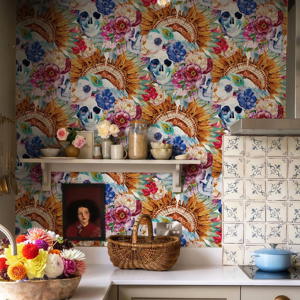 Красочные Черепа Цветочные Хэллоуин Обои Шикарный Желтый Цветок Самоклеящиеся Фестивальный Декор Стен Скелеты Наклейка на Шкаф