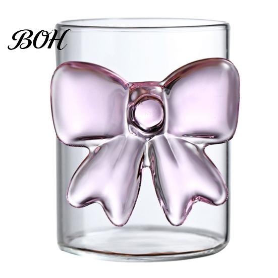 Durable Glass Tea Cup Bow Cup, Breakfast Milk Coffee Mug, 300ml Whiskey Tumbler for Large Capacity Juice, Heat Resistant Home Bar Decor Gift Women