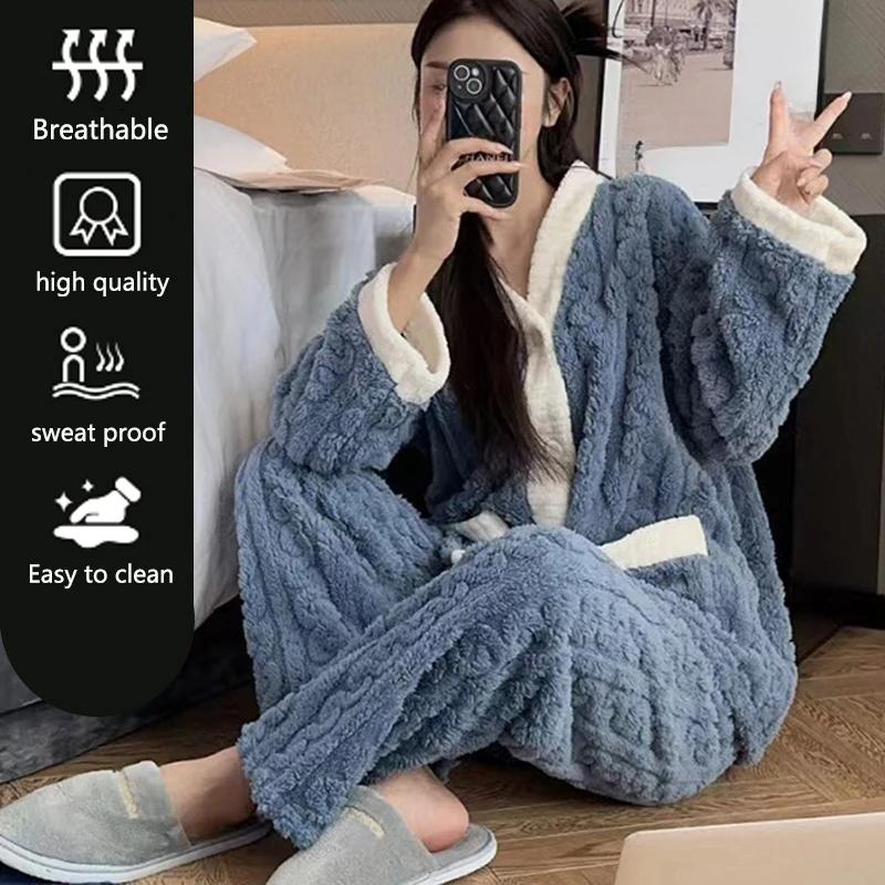 2pcs/Set Autumn and Winter Pajamas Women Thickened Padded Warm Students Coral Girls Clot Velvet Suit Homewear Cardigan Trousers
