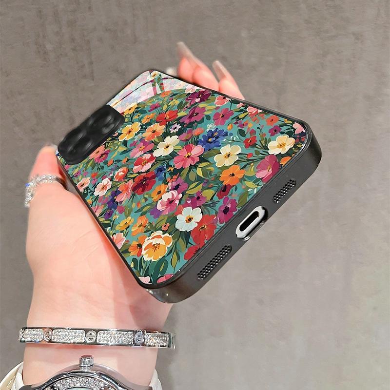 Стильный Чехол из Закаленного Стекла с Ярким Цветочным Узором HD для iPhone 17 16 15 14 13 12 11 Pro Max 16E 7 8 Plus XR XS X