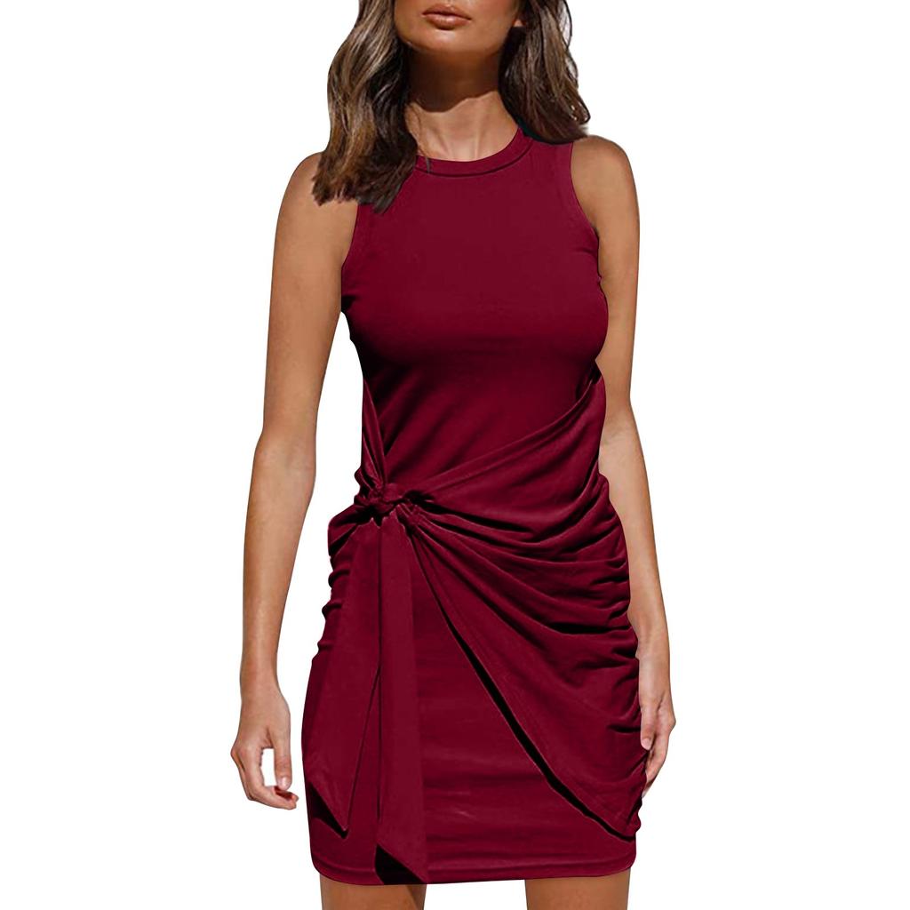 Женская мода однотонные платья без рукавов с круглым вырезом и нерегулярным поясом с запахом на бедрах