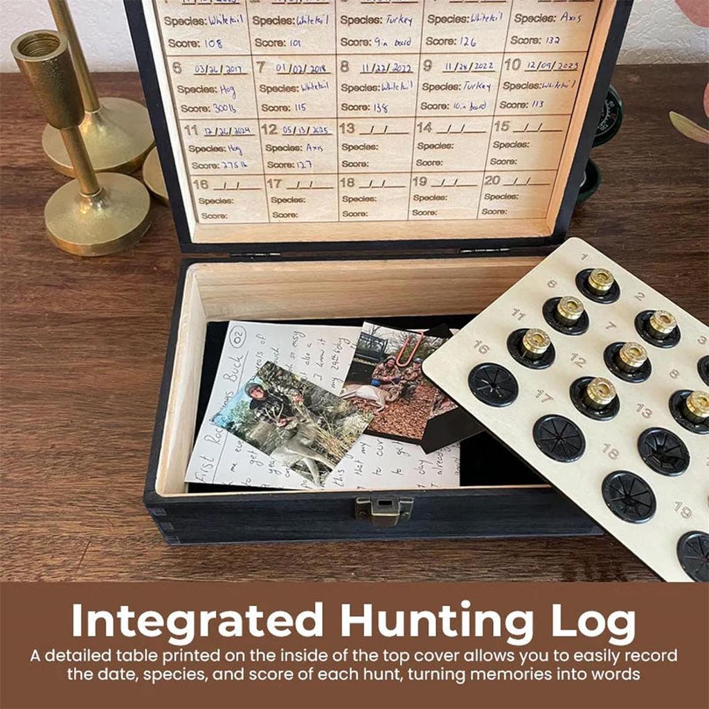 The ’s Memory Box, Wooden Hunting Keepsake Box With 20 Casing Slots, Engraved Stag Display Case With Hunting Log And Lock, Memorial Gifts