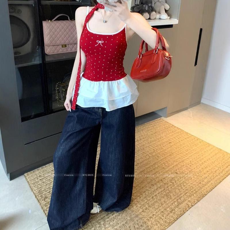 Women's Polka Dot Bow Camisole – Summer Ruffled Patchwork Top