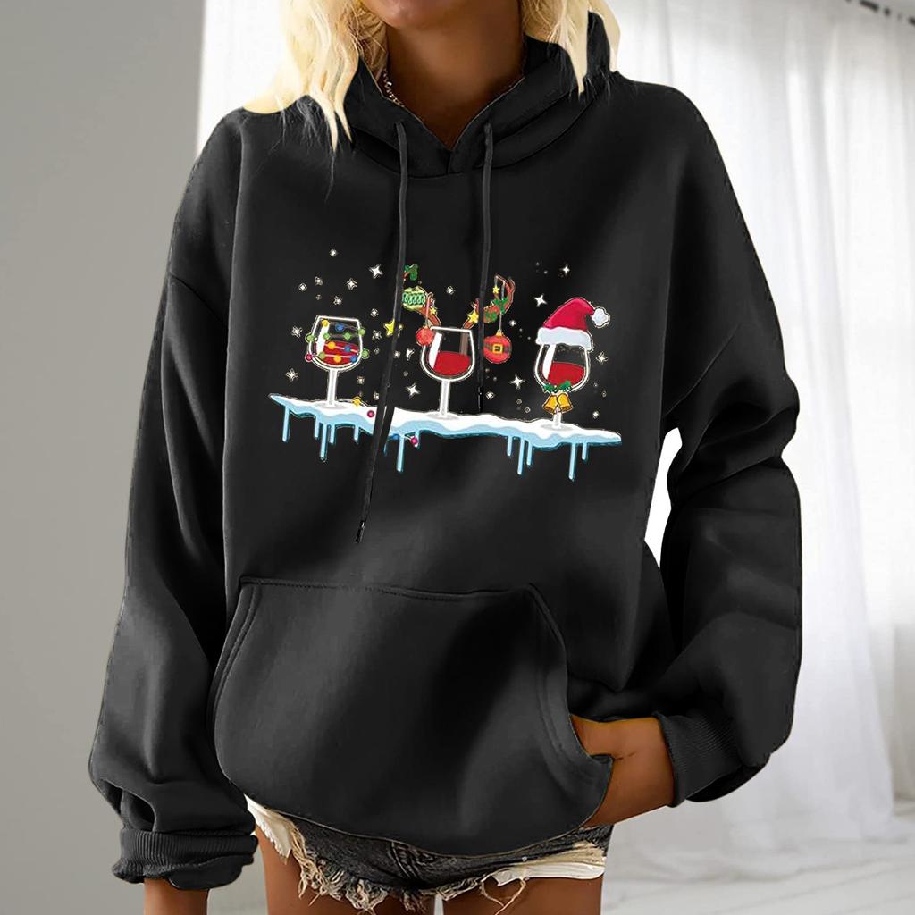 Женская мода для отдыха, рождественской вечеринки, пуловер с длинными рукавами и капюшоном с принтом, топ