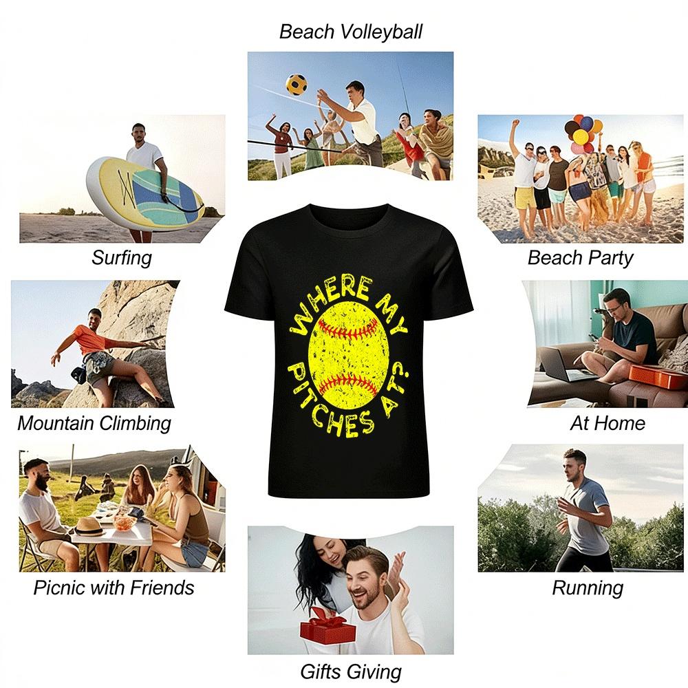 Where My Pitches At Softball Graphic Casual Tee Pure cotton T-shirt