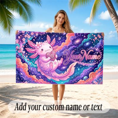 Axolotl Theme Quick Dry Beach Towel Custom Name Text Print Large Sand Resistant Towel Beach Vacation
