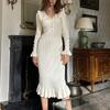 Elegant Ruffled Maxi Dresses For Women Autumn Winter Knitted Slim Long Dress Women's Vintage Dress Woman Retro Knitwear