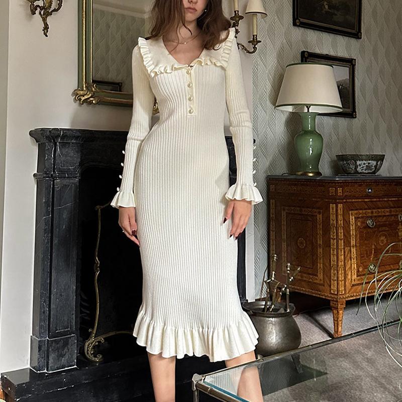 Elegant Ruffled Maxi Dresses For Women Autumn Winter Knitted Slim Long Dress Women's Vintage Dress Woman Retro Knitwear