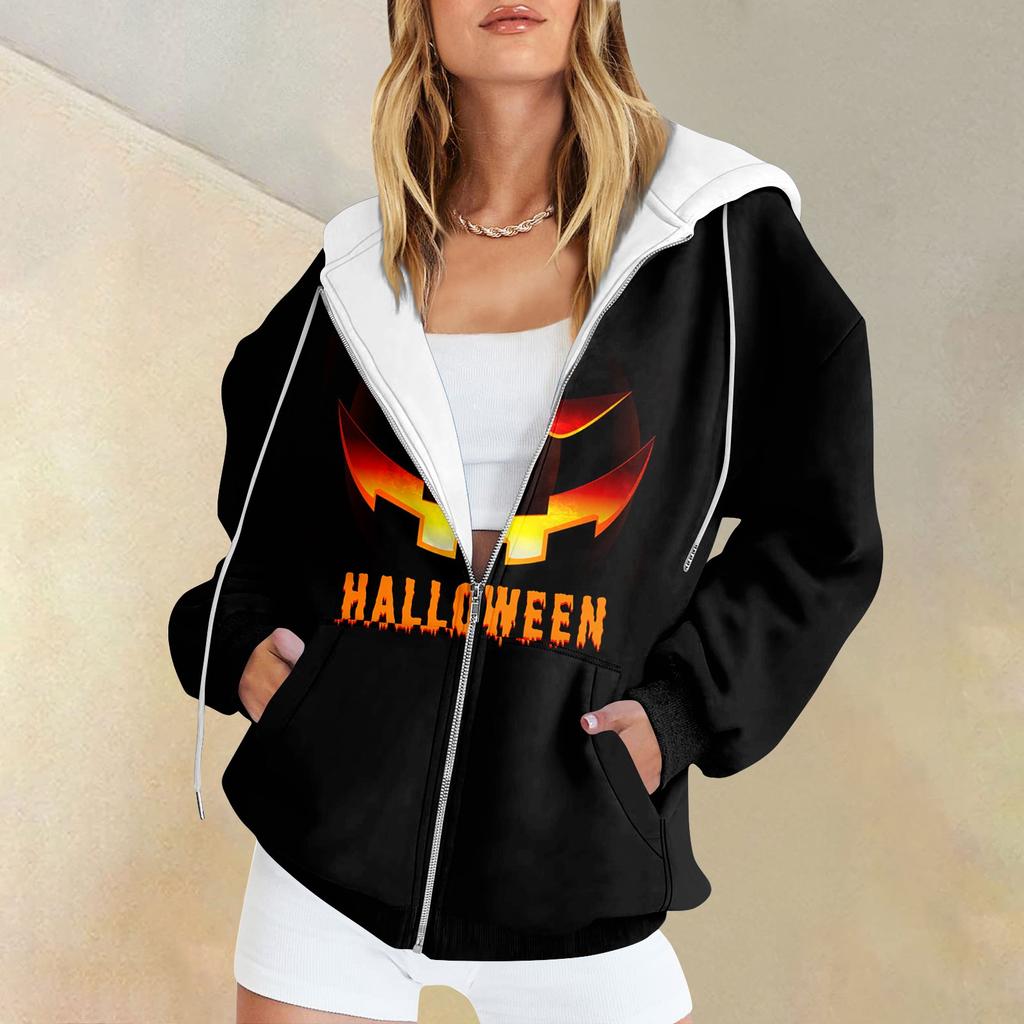 Women's Fashion Casual Halloween Printed Sweatshirt Autumn Winter Long Sleeve Cardigan With Pockets Zipper Hoodie Jacket