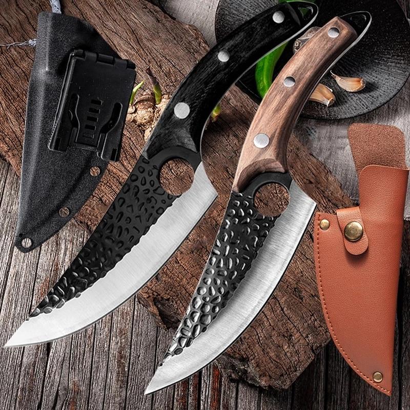 Handmade Stainless Steel Kitchen Chef Boning Knife Fishing Knife Butcher Cutting Meat Cleaver Cooking Knife Hand Forged Hammer Pattern