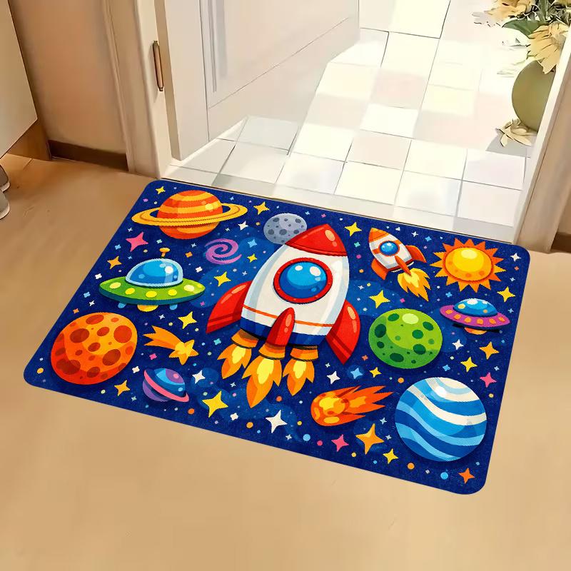 1pc, 2D Flat Printing, Creative Space Rocket Planet Entrance Mat, Non-Slip Door Mat, Non-Slip Machine Washable Easy Clean Polyester Carpet, Suitable f