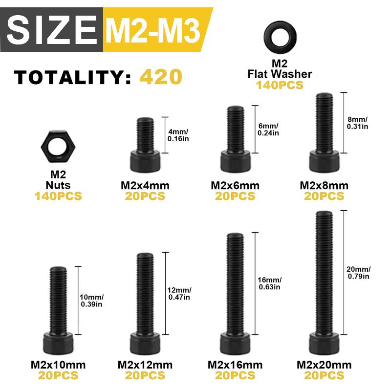 Комплект из 420 шайб с чашеобразной головкой и гаек, шестигранный ключ, M2x (4/6/8/10/14/16/18/20) мм
