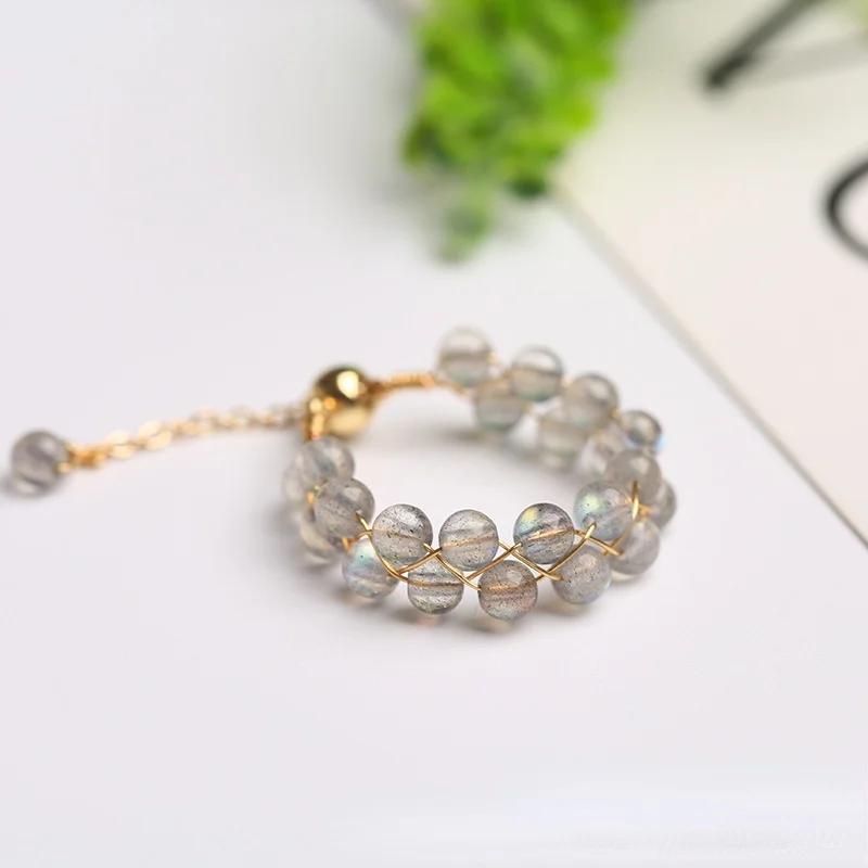 Natural Crystal Ring For Women Agate Tourmaline Moonstone Pearl Faceted Adjustable Winding Wire Ring Wedding Jewelry