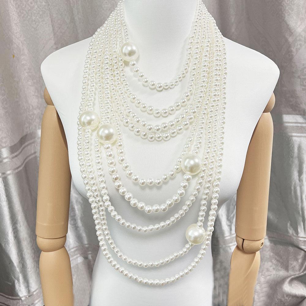 PFT Vintage Wedding High-End Imitation Pearl Necklace Set with Exaggerated Temperament Long Sweater Chain Earrings & Bracelet