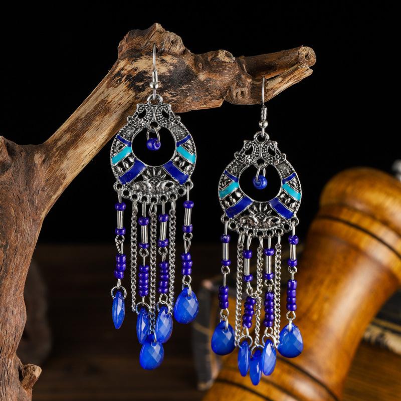 Fashion Boho Beads Chain Tassel Drop Dangle Long Earrings For Women Handmade Geometric Enamel Bohemian Vintage Earrings Jewelry