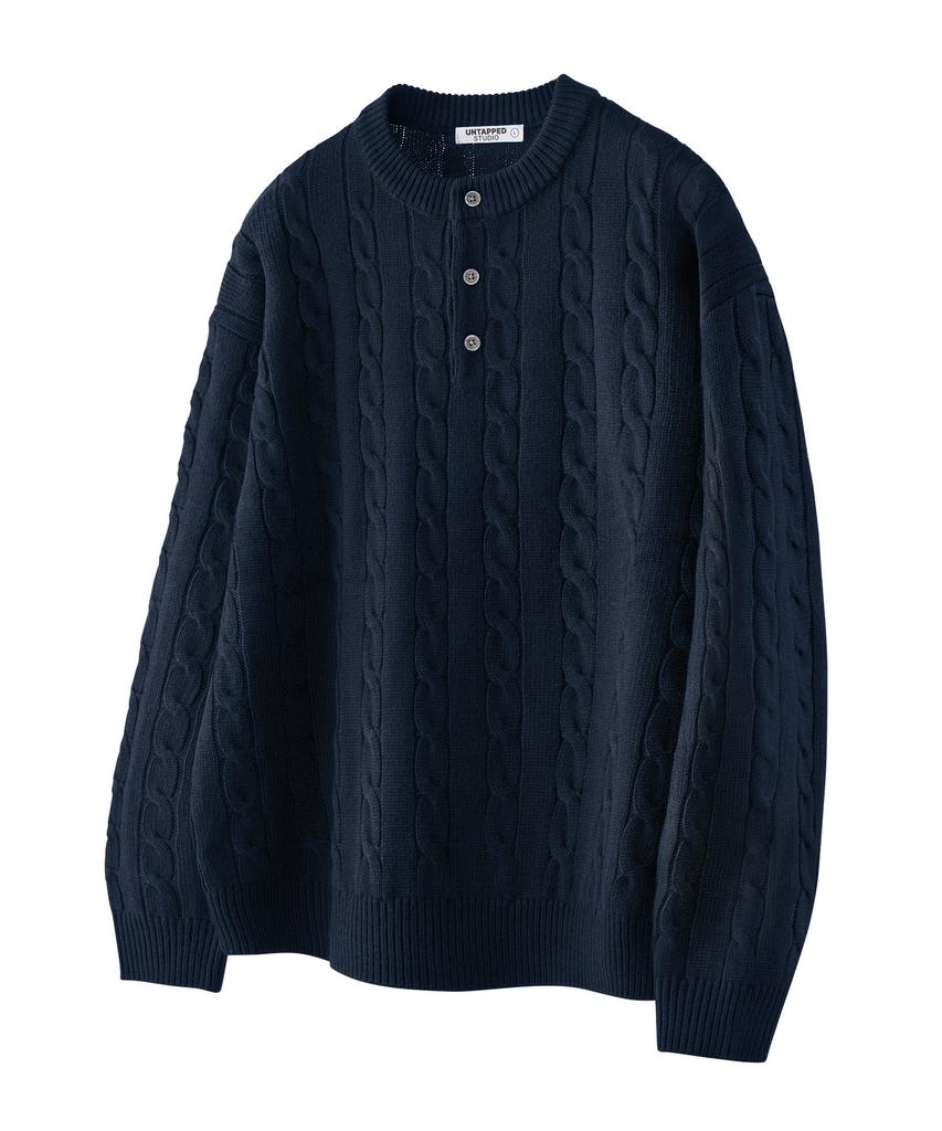 UNTAPPED STUDIO Oversized Cable Henley Neck Round Knit 4 Colors