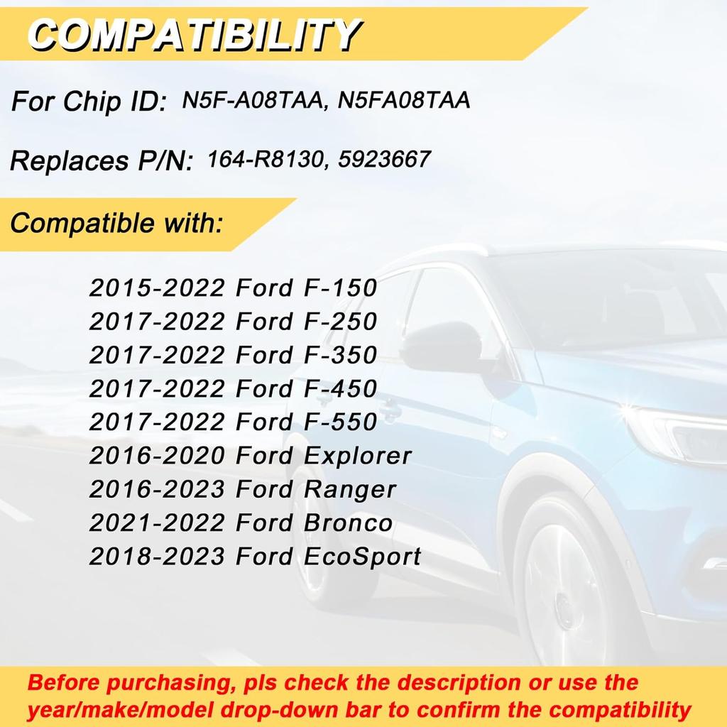 Key Fob Replacement For 2015- Ford F-150/ 17-22 F-250 F-350 F-450 F-550/ 16-20 Explorer/ 16-23 Ranger/ 21-22 Bronco/ 18-23 EcoSport Car Keyless Entry