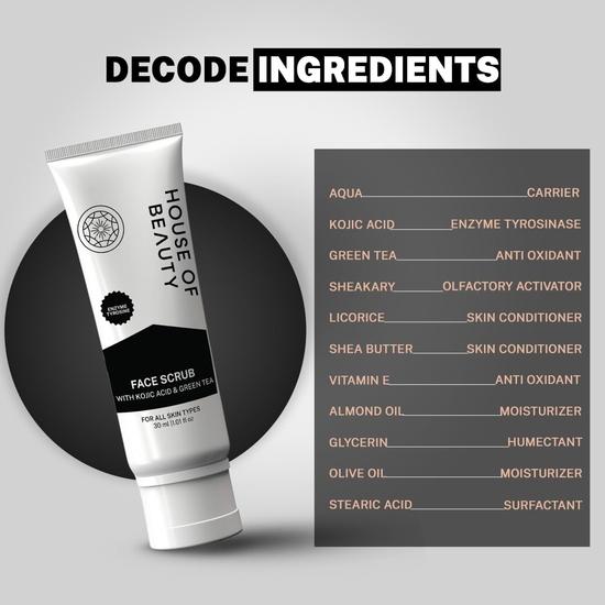 Скраб для лица HOUSE OF BEAUTY с койевой кислотой и экстрактом зеленого чая - удаляет омертвевшие клетки кожи и грязь, сужает открытые поры (30мл)